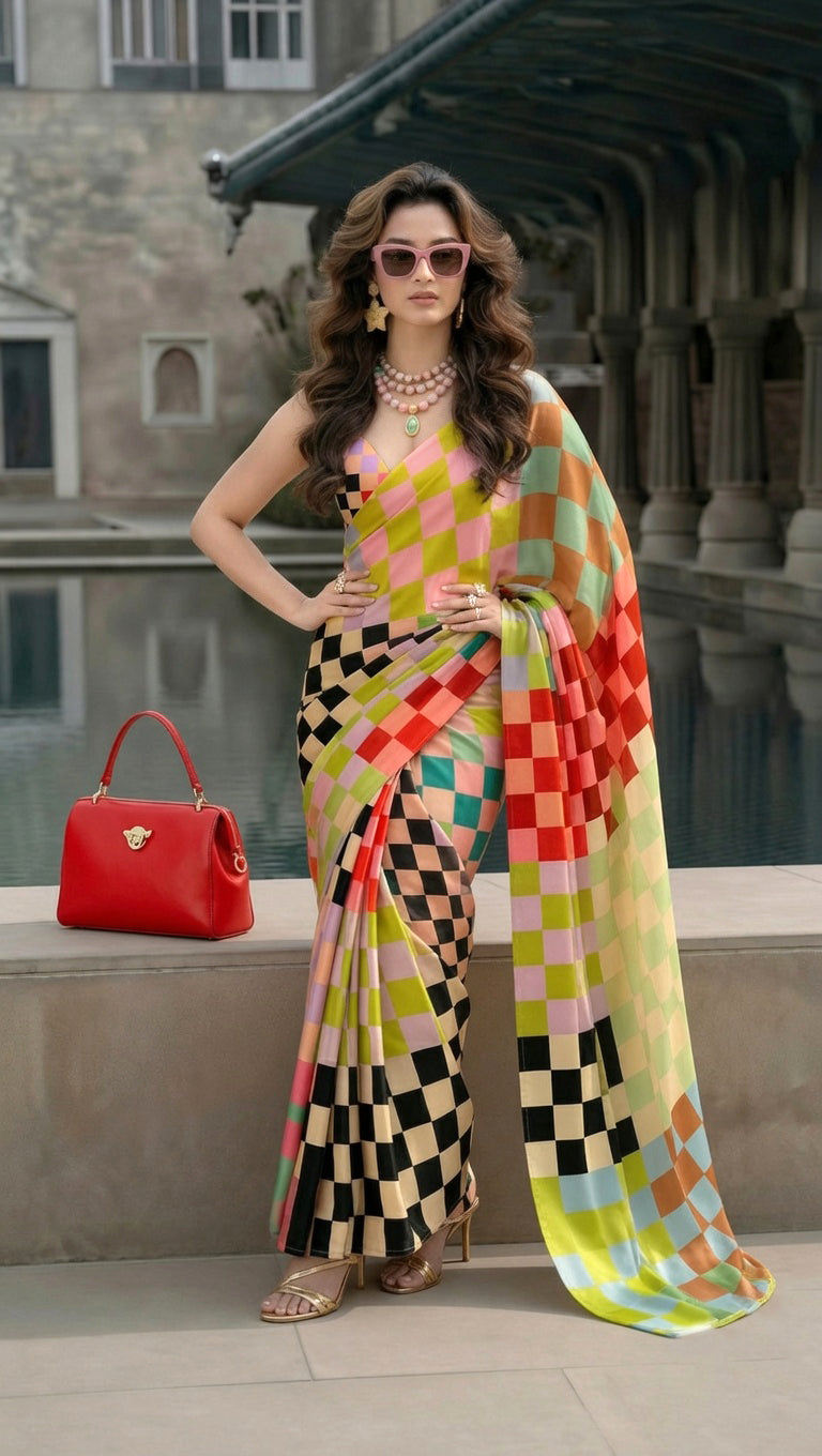 Multicolour Checkered Silk Blend Saree
