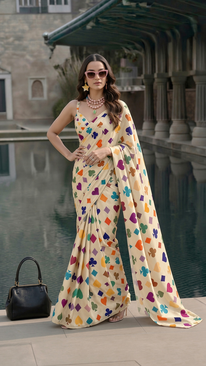 Trendy Poker Cards Print Saree | Modern Designer Saree for Women