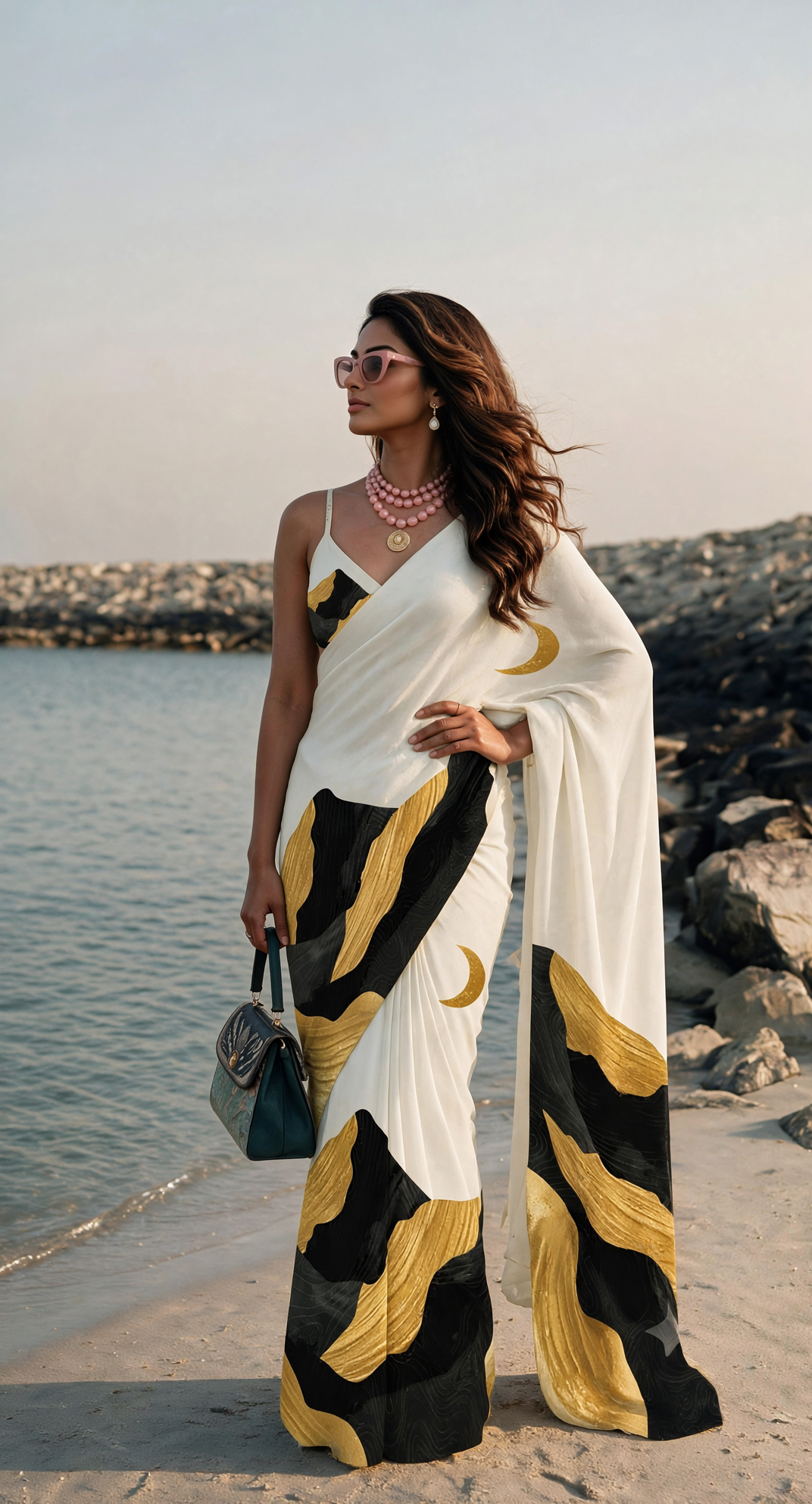 Ivory Black Yellow Abstract Silk Blend Saree