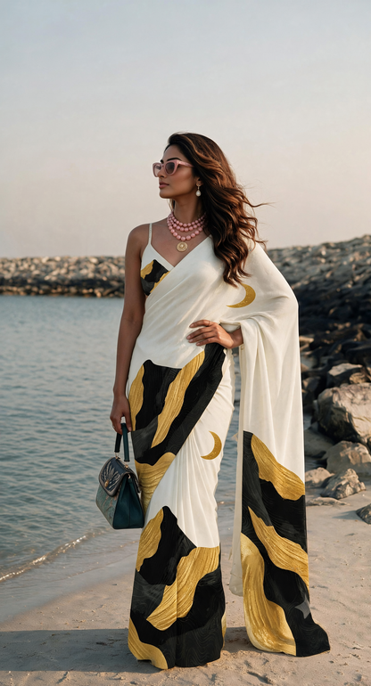 Ivory Black Yellow Abstract Silk Blend Saree