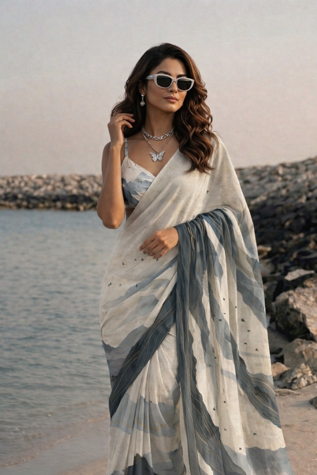 Ivory Grey Abstract Print Silk Blend Saree