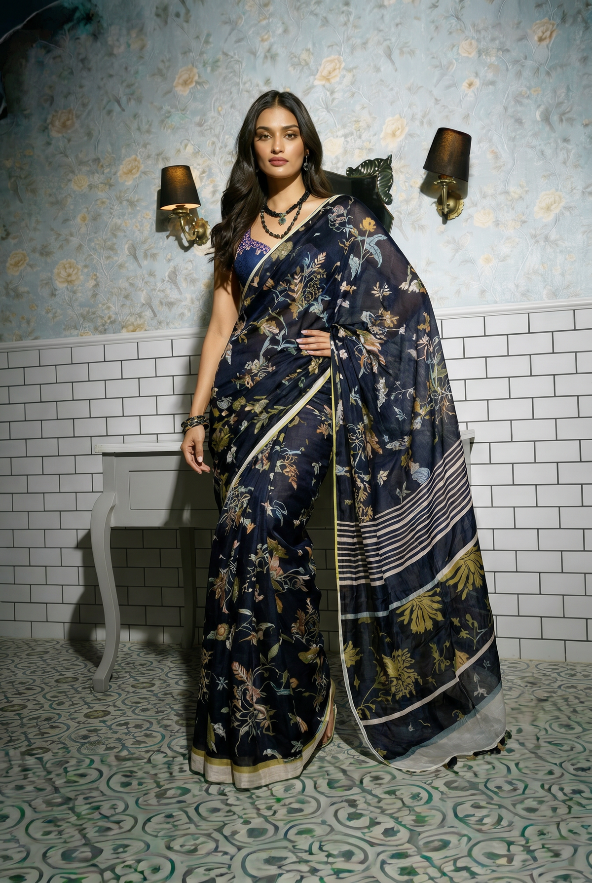 Midnight Garden Black Floral Silk Blend Saree