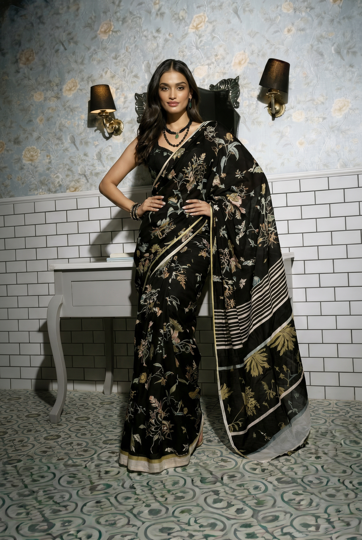Midnight Garden Black Floral Silk Blend Saree