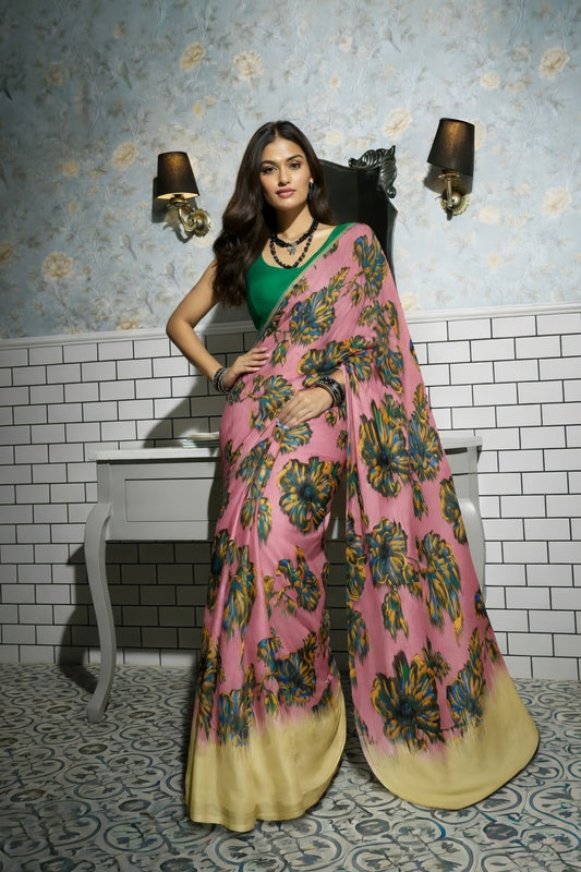 Rose Garden Pink Botanical Print Silk Blend Saree