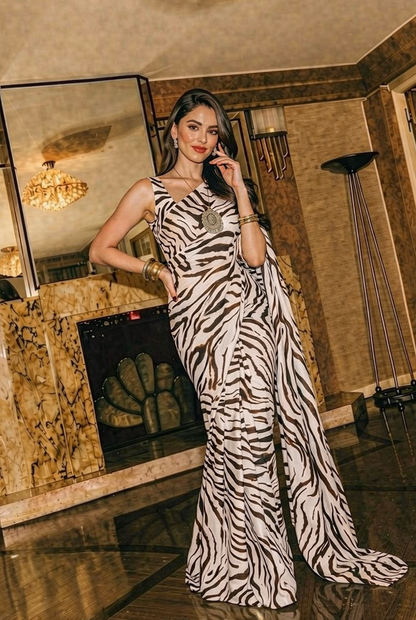 White & Black Zebra Print Silk Blend Saree