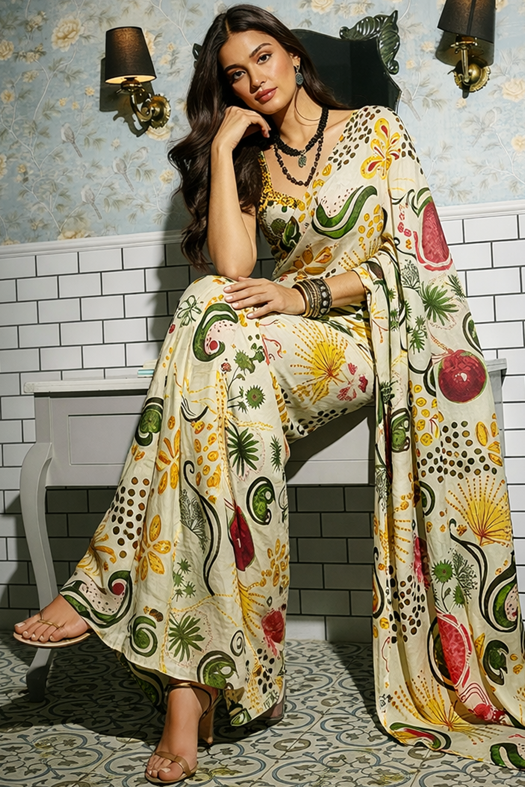 Ivory Mosaic Multicolour Paisley Silk Blend Saree