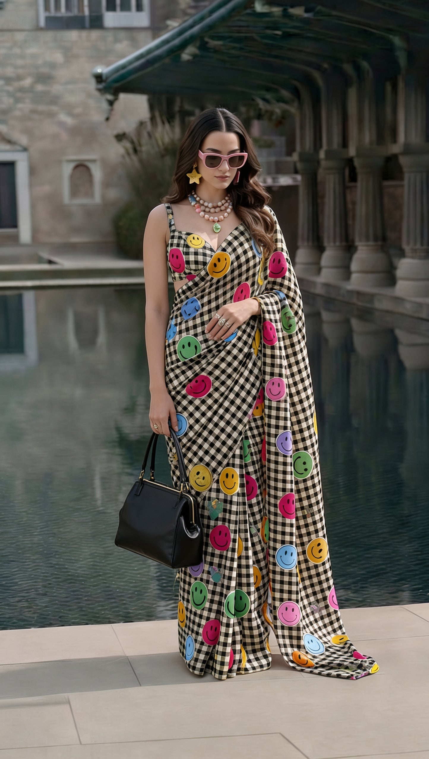 Smiley Face Checks Printed Silk Blend Saree