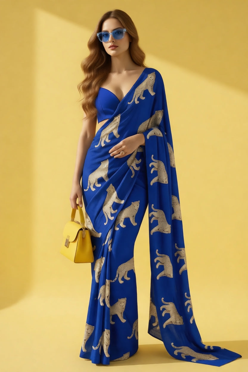 Royal Blue Leopard Silk Blend fabric Saree