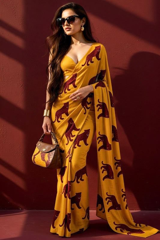 Yellow Maroon Leopard Silk Blend Saree