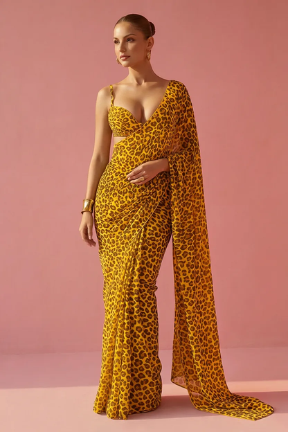 Haldi Edition Yellow Leopard Printed Silk Blend Saree