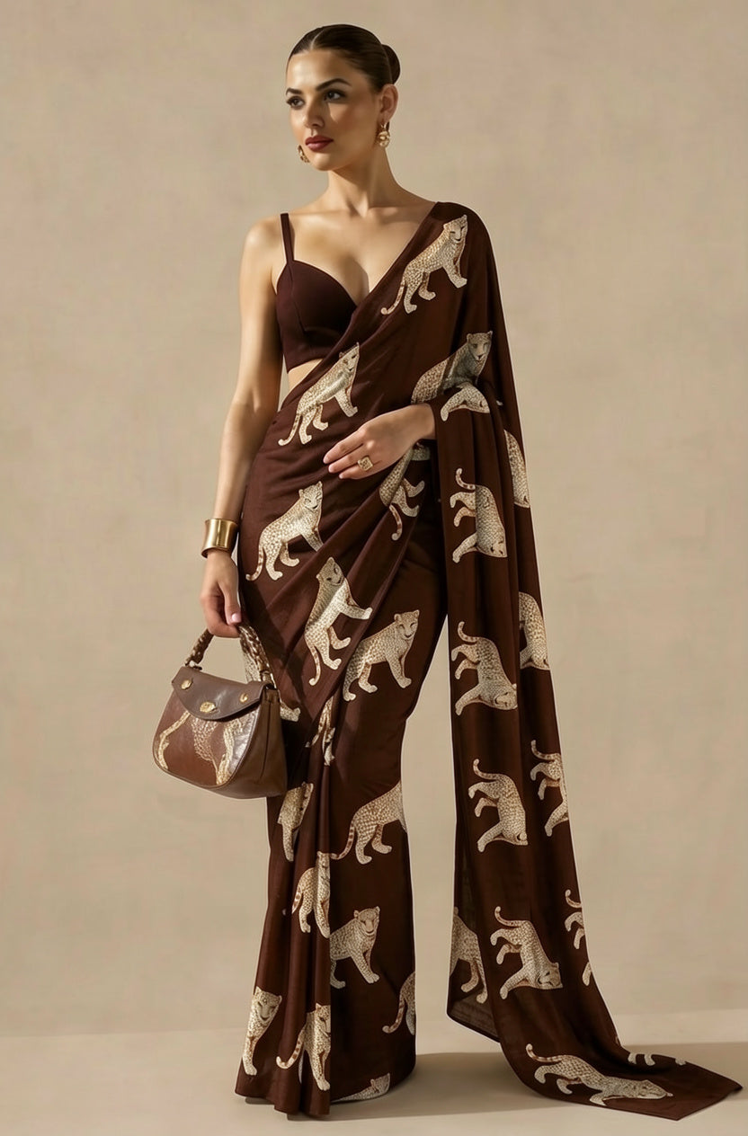 Dark Brown Leopard Printed Silk Blend Saree - Premium Animal Print Designer Saree
