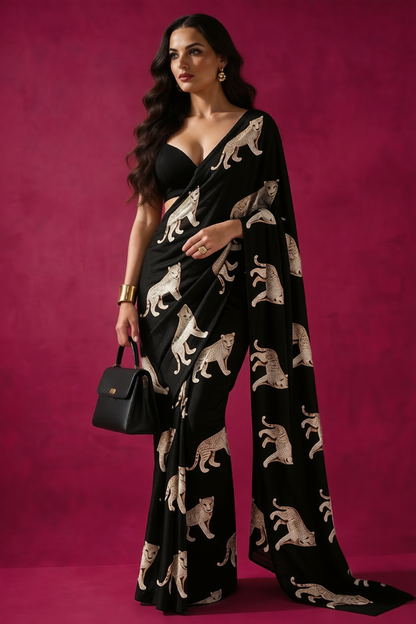 Black Wild Leopard Silk Blend fabric Saree