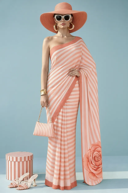 Peach Striped Rose Silk Blend Saree