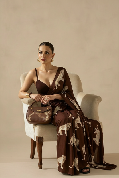Dark Brown Leopard Printed Silk Blend Saree - Premium Animal Print Designer Saree