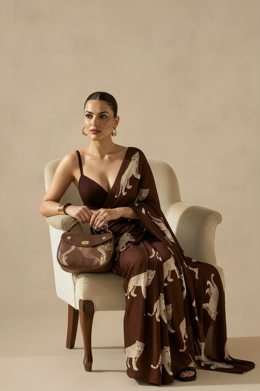 Dark Brown Leopard Printed Silk Blend Saree - Premium Animal Print Designer Saree