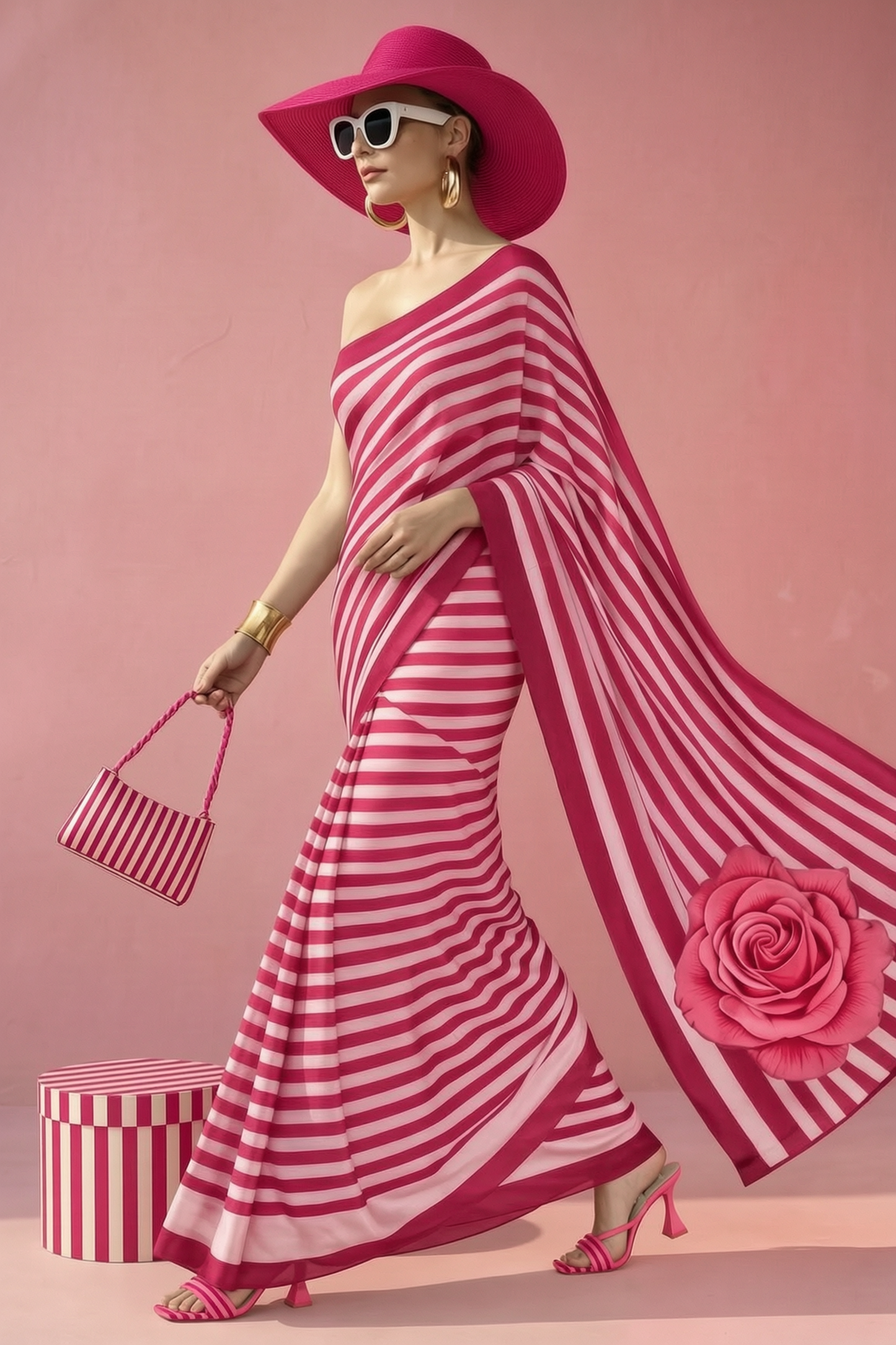 Striped Hot Pink Rose Silk Blend Saree