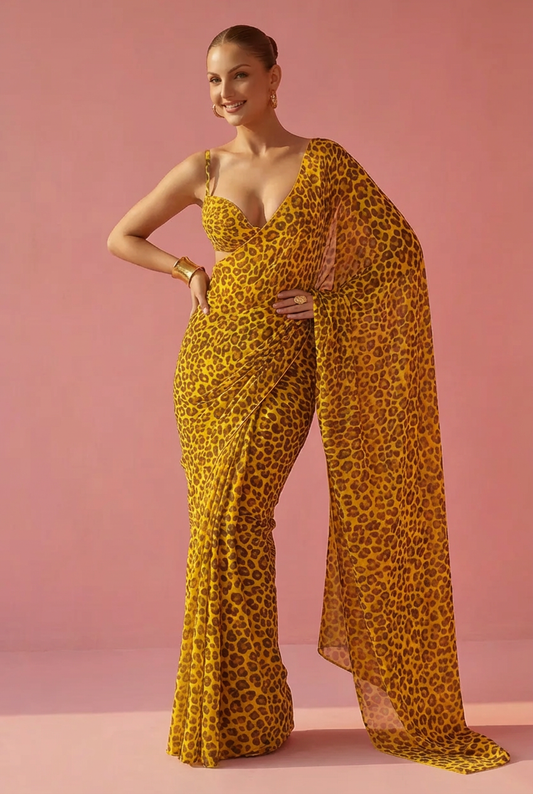 Haldi Edition Yellow Leopard Printed Silk Blend Saree