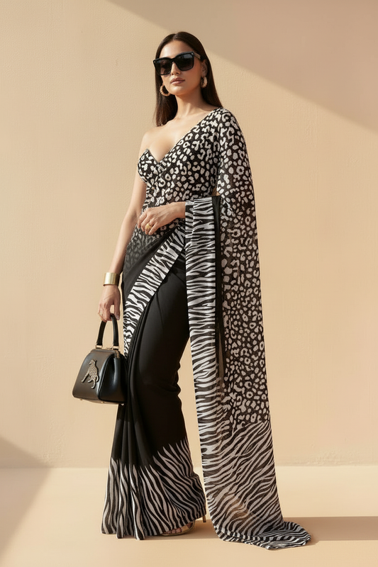 Black & White Zebra Leopard Printed Designer Saree Silk Blend Saree