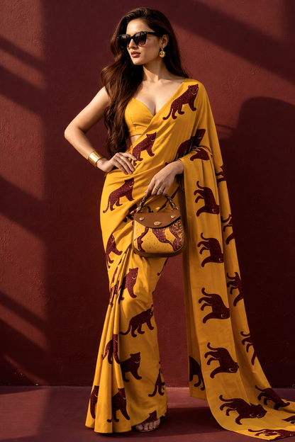 Yellow Maroon Leopard Silk Blend Saree