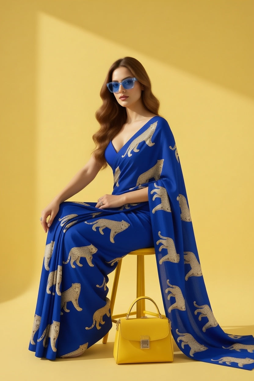 Royal Blue Leopard Silk Blend fabric Saree