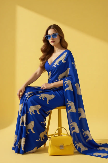 Royal Blue Leopard Silk Blend fabric Saree