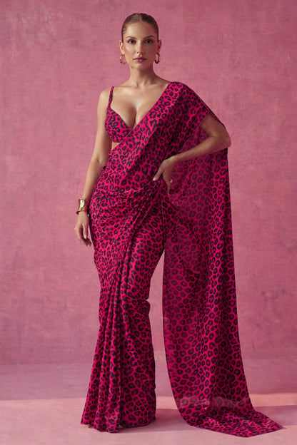 Hot Pink Leopard Printed Silk Blend Saree