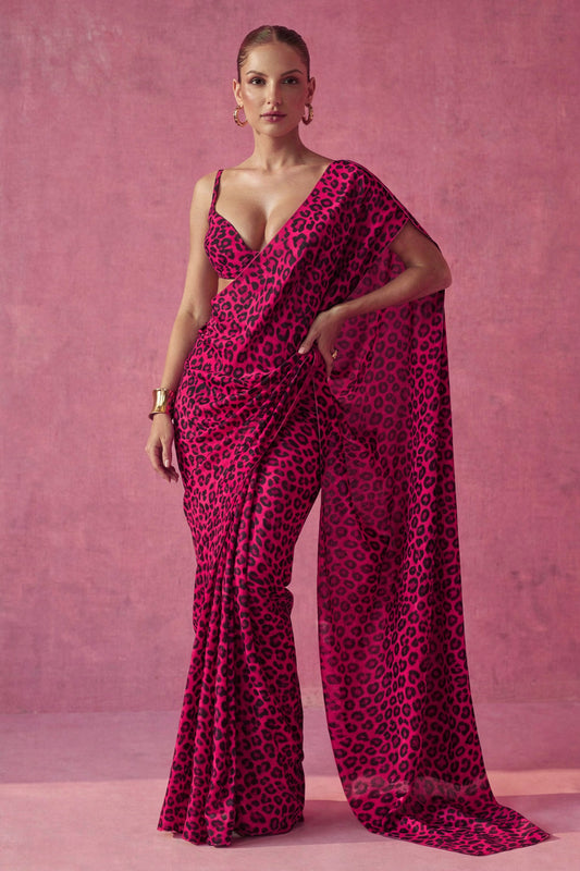 Hot Pink Leopard Printed Silk Blend Saree