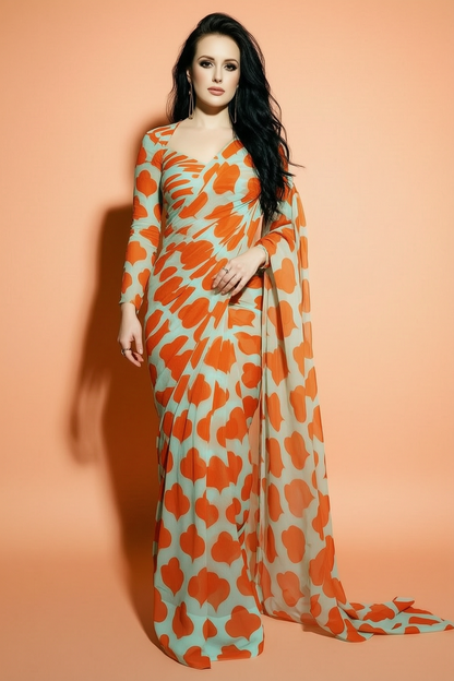 Mint Green and Orange Floral Printed Georgette Silk Saree