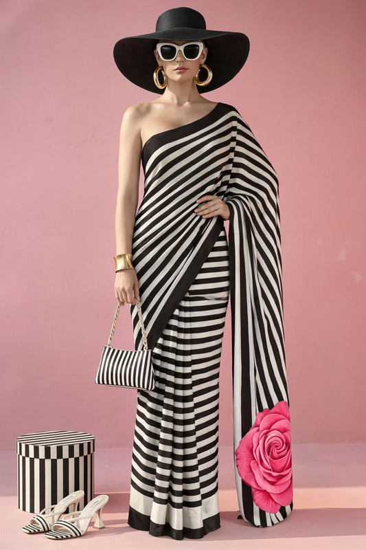 Black & White Striped Rose Silk Blend Saree