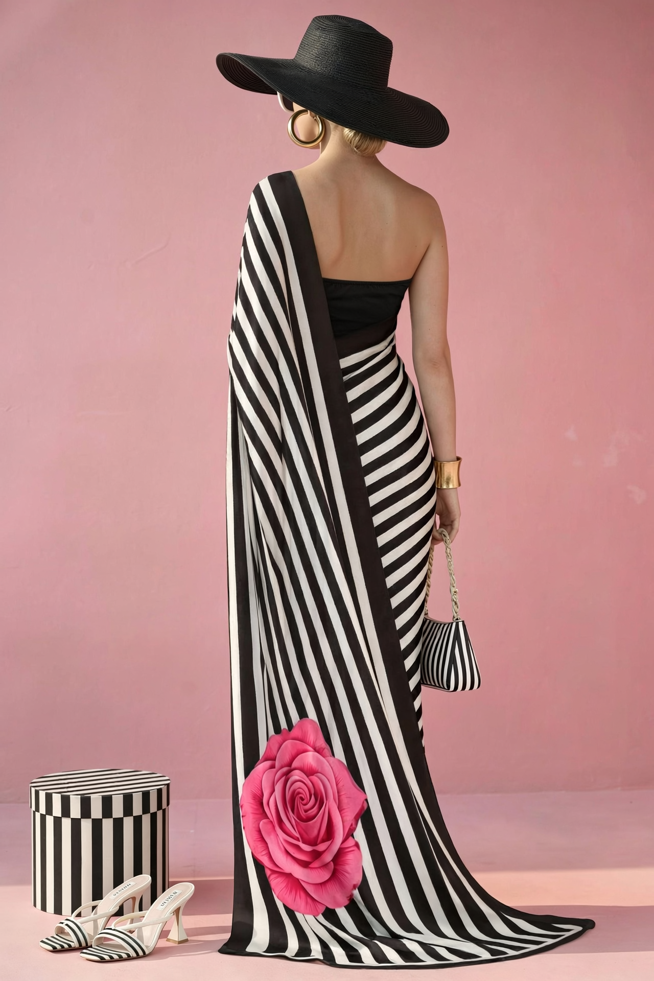 Black & White Striped Rose Silk Blend Saree