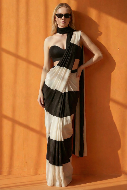 Premium Satin Silk Striped Saree - Black & White