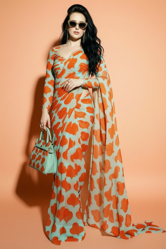 Mint Green and Orange Floral Printed Georgette Silk Saree