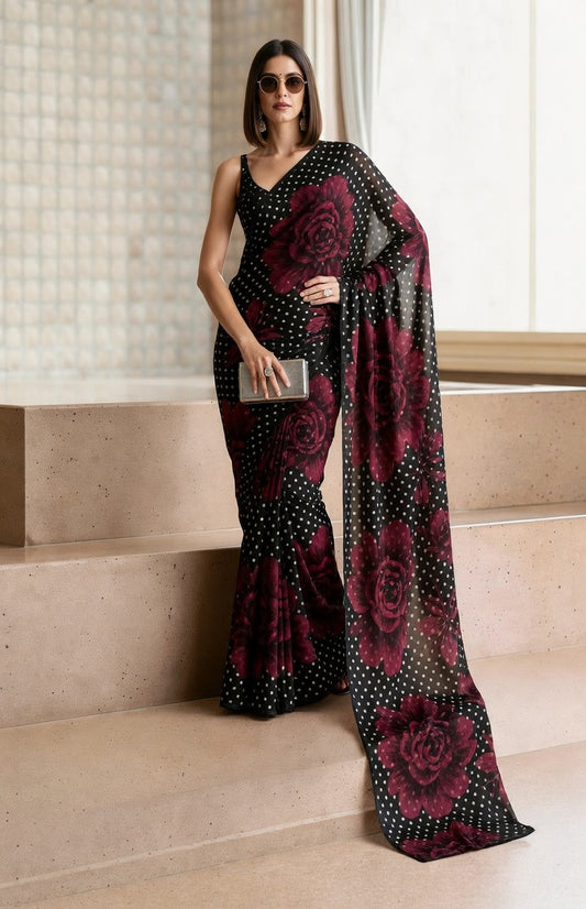 Black Rose & Polka Dot Georgette Saree