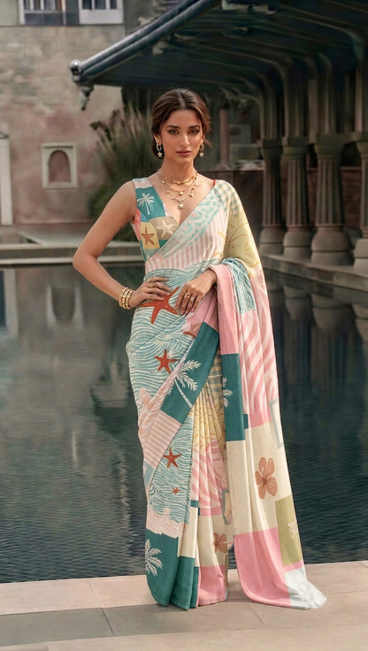 Coastal Print Silk Blend Saree