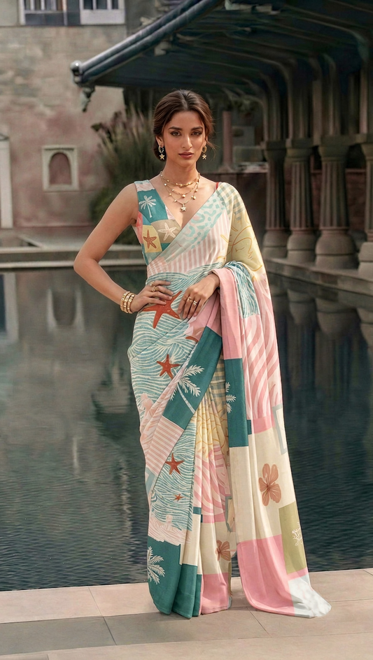 Coastal Print Silk Blend Saree