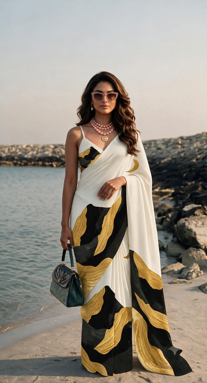 Ivory Black Yellow Abstract Silk Blend Saree