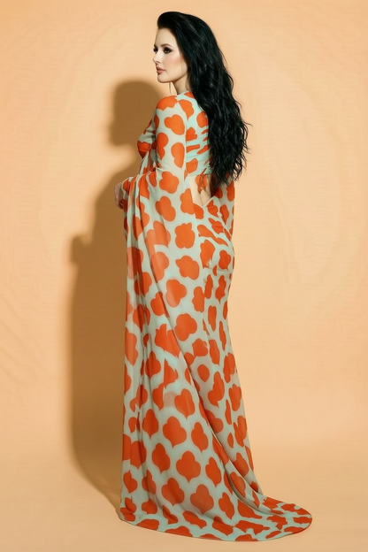 Mint Green and Orange Floral Printed Georgette Silk Saree