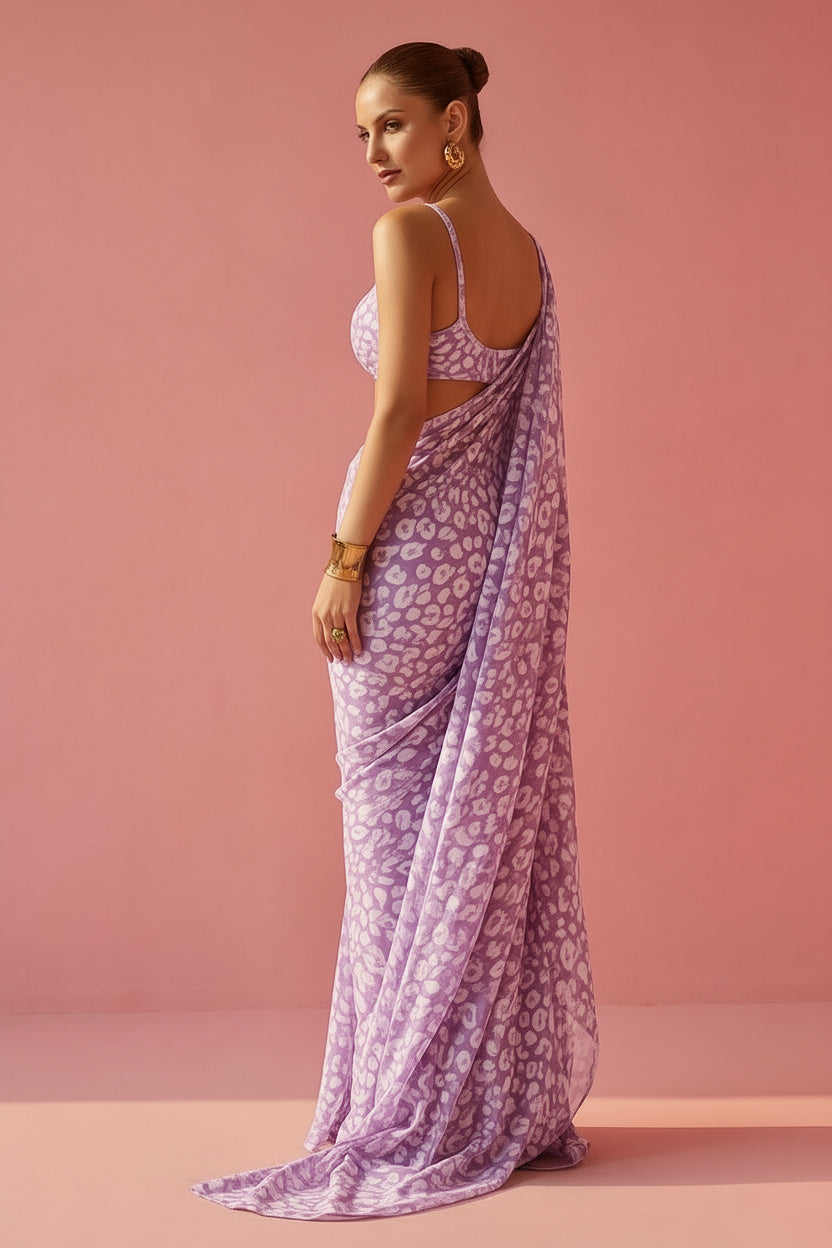 Lavender Leopard Print Silk Blend fabric Saree