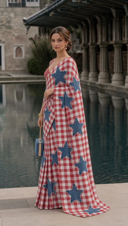 Printed Star Gingham Silk Blend Saree– (Printed, Not Appliqué)