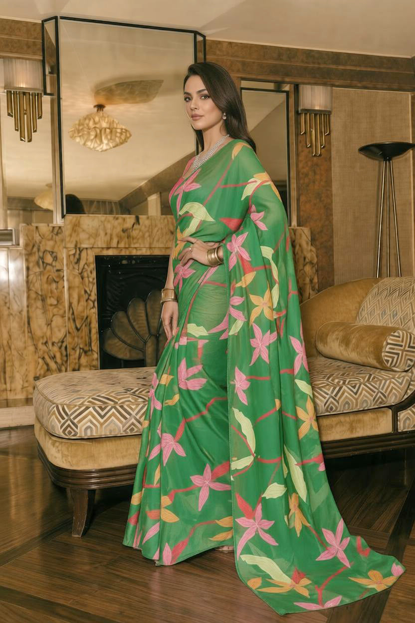 Green Floral Silk Blend Saree