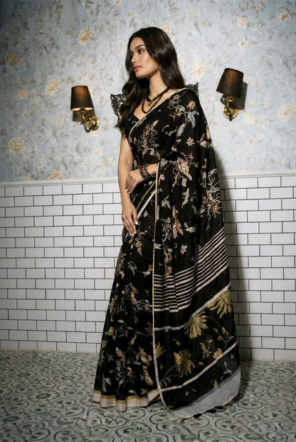 Midnight Garden Black Floral Silk Blend Saree