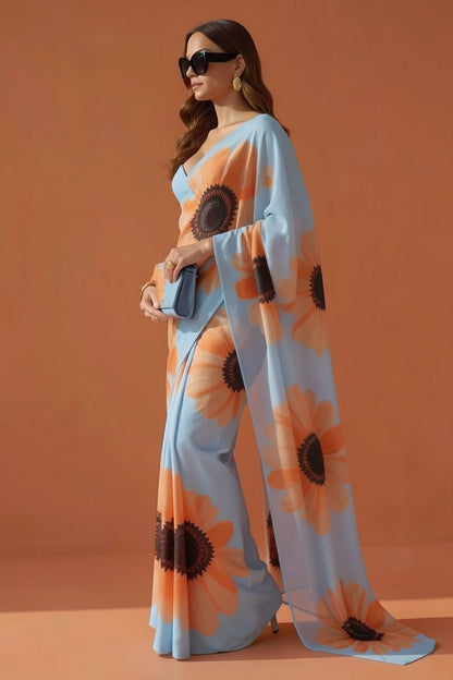 Sky Blue & Orange Sunflower Print Georgette Saree