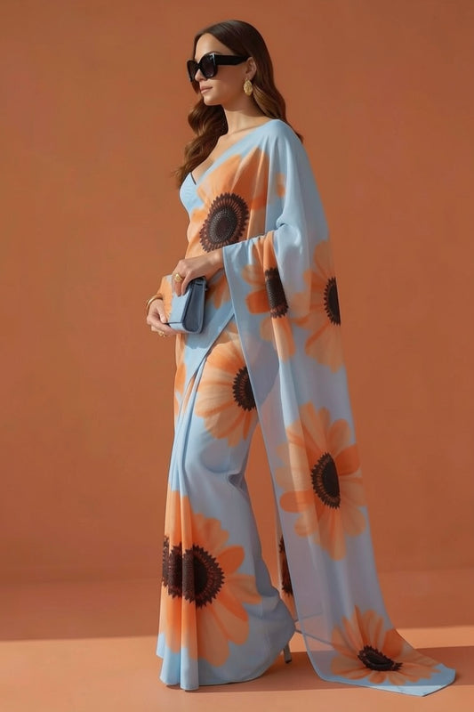 Sky Blue & Orange Sunflower Print Georgette Saree