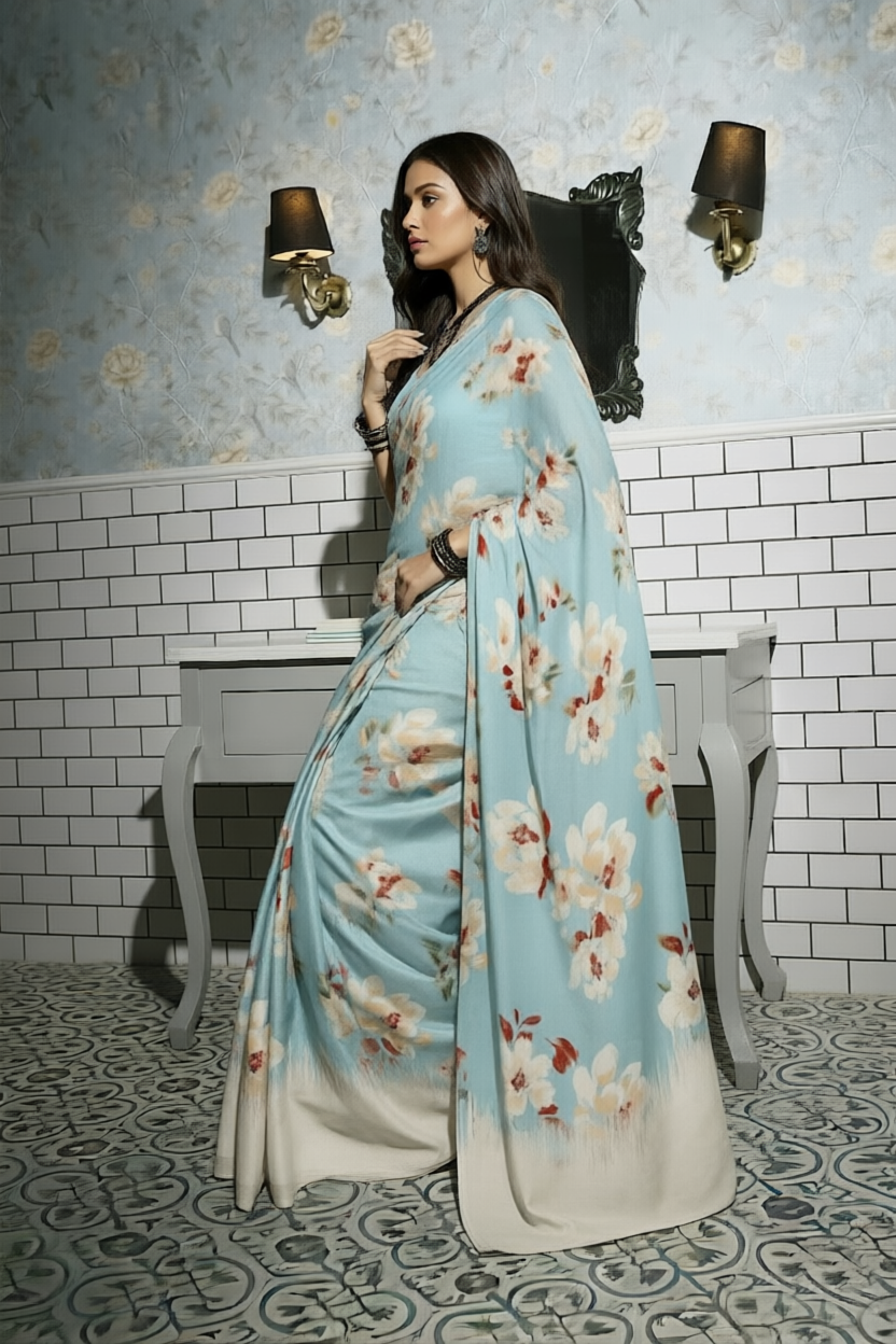 Bluebell Garden Powder Blue Floral Silk Blend Saree