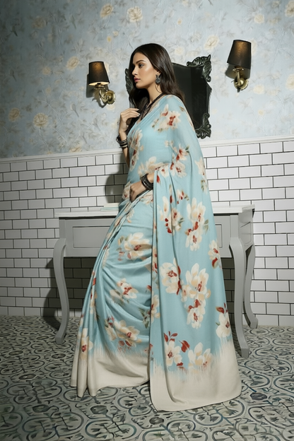 Bluebell Garden Powder Blue Floral Silk Blend Saree