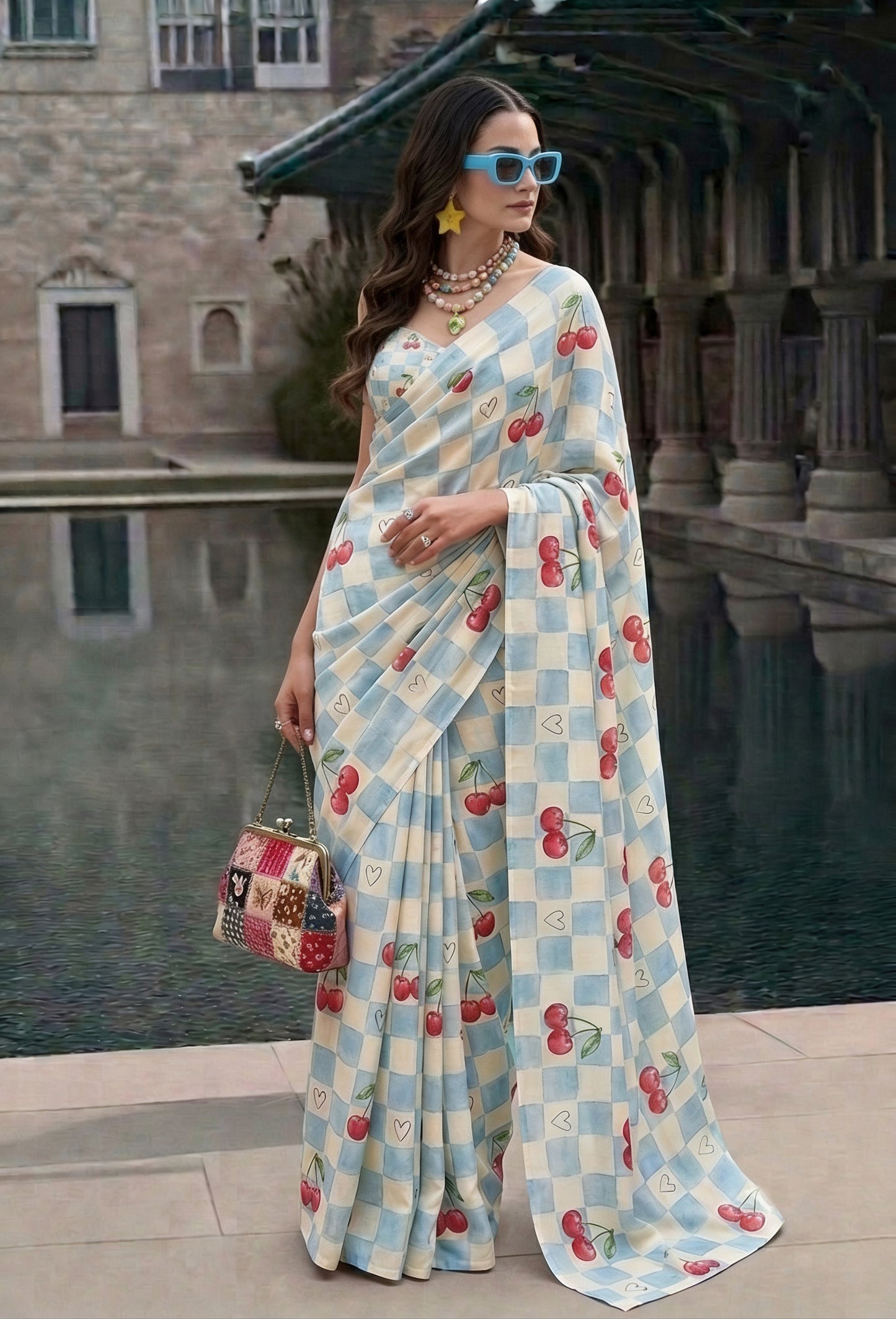 Cherry Blue Checkered Silk Blend Saree