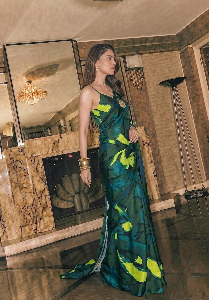 Dark Green Abstract Print Silk Blend Saree