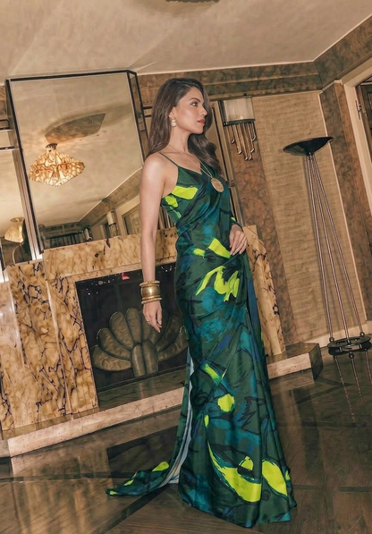Dark Green Abstract Print Silk Blend Saree