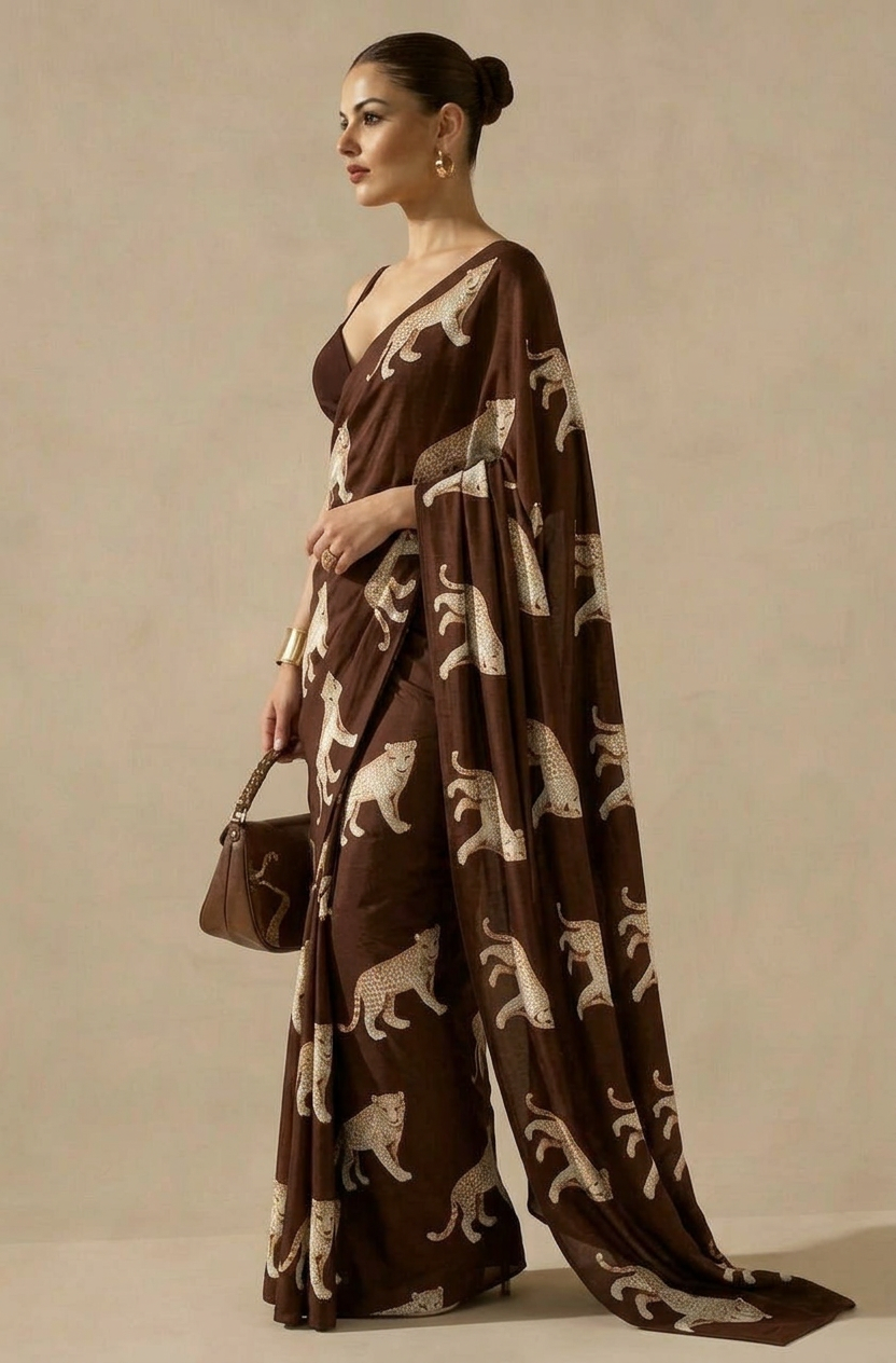 Dark Brown Leopard Printed Silk Blend Saree - Premium Animal Print Designer Saree