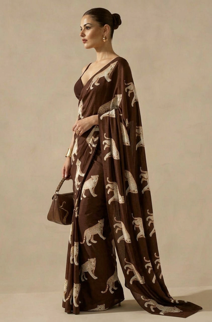 Dark Brown Leopard Printed Silk Blend Saree - Premium Animal Print Designer Saree